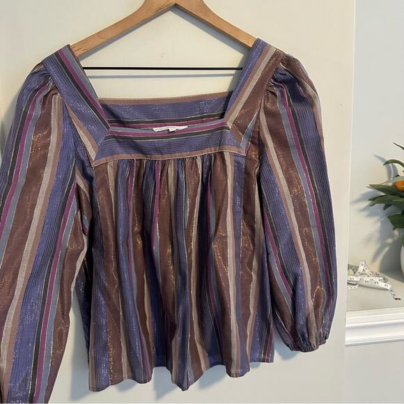 Anthropologie Corey Lynn Calter Blue Metallic Square Neck Top Blouse Small - Picture 8 of 10